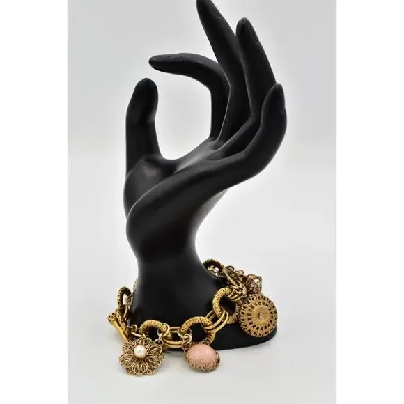 Carolee Vintage Charm Locket Bracelet Antiqued Gold Pink Floral Signed 80s BinBR - Picture 8 of 12